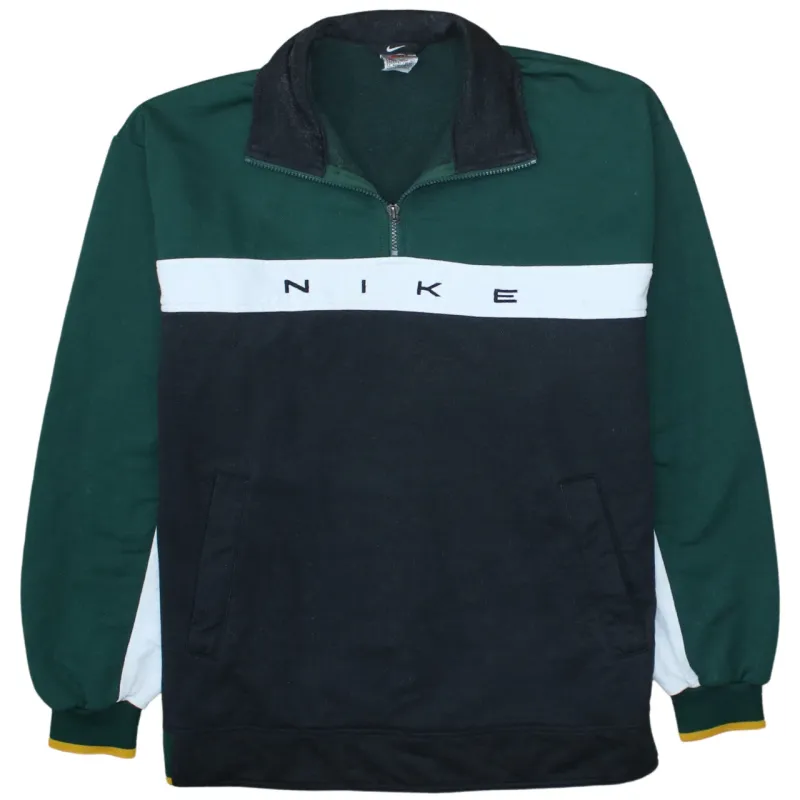 Nike Green Black Quarter Zip Sweatshirt Men's Large Embroidered Logo Colour Block Pullover Top made by Nike
