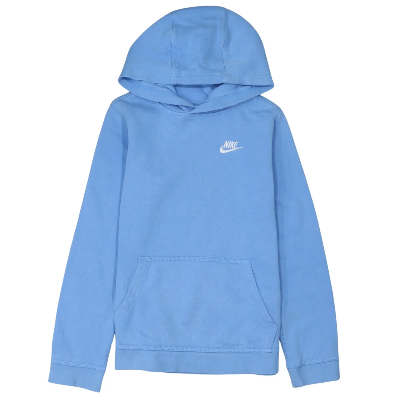Nike Light Blue Hoodie Women's Large Printed Swoosh Logo Front Pocket Pullover Sweatshirt sold by Vintage Club