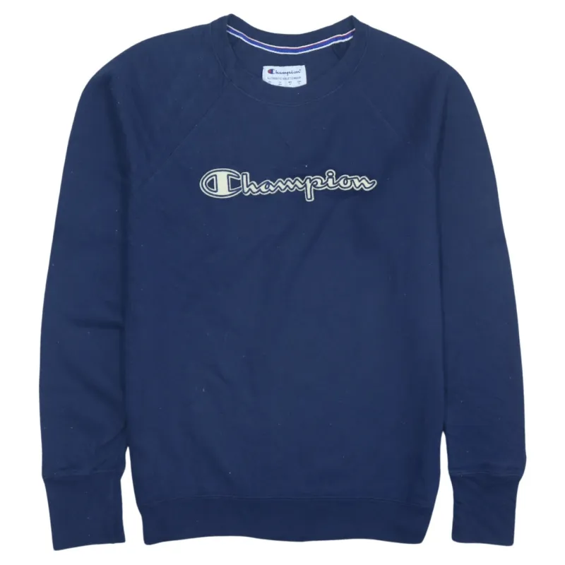 Champion Navy Blue Sweatshirt Men's Medium Embroidered Script Logo Ribbed Crewneck Pullover made by Champion