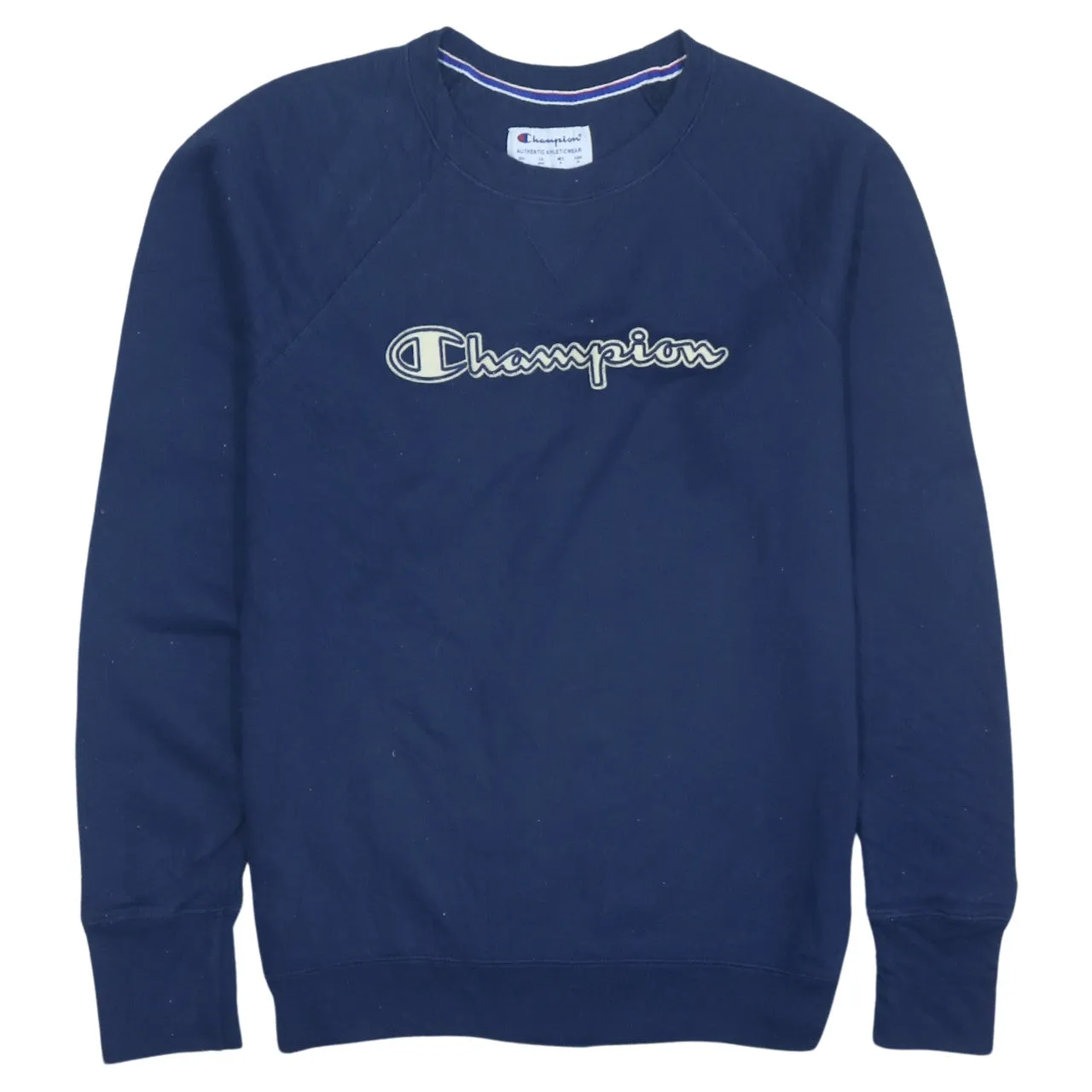 Champion Navy Blue Sweatshirt Men's Medium Embroidered Script Logo Ribbed Crewneck Pullover sold by Vintage Club
