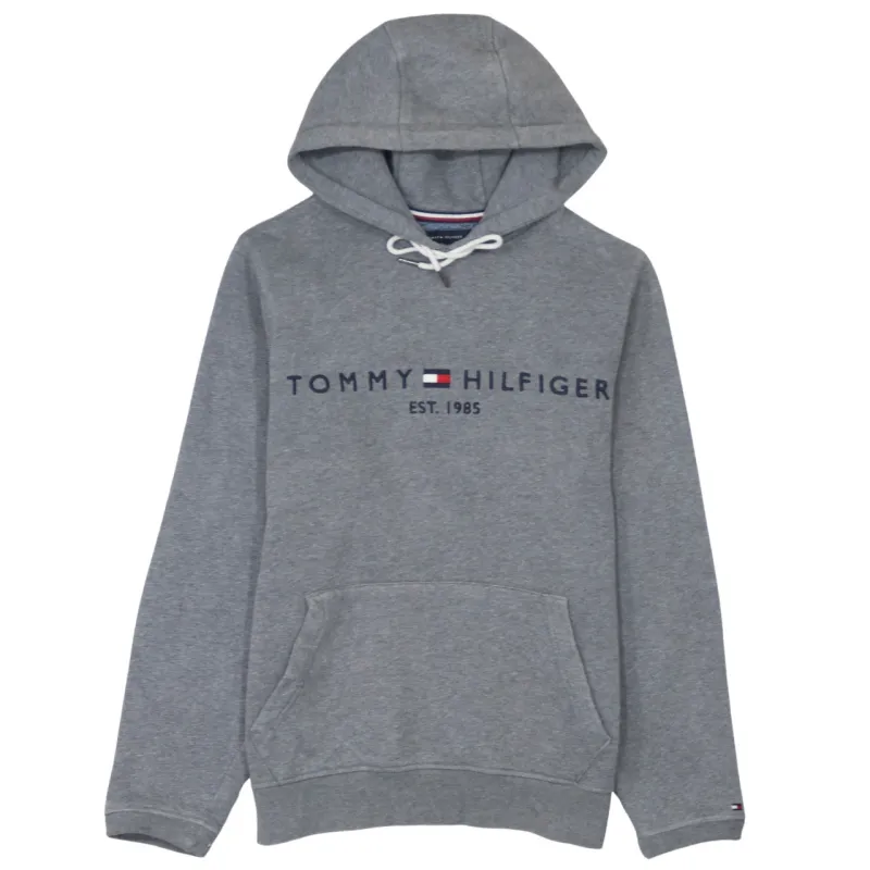 Tommy Hilfiger Grey Hoodie Men's Small Printed Logo Drawstring Hood Front Pocket Sweatshirt made by Tommy Hilfiger