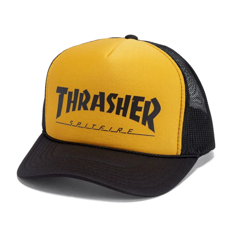 Thrasher x Spitfire Trucker Hat - Black/Gold/Black made by Thrasher