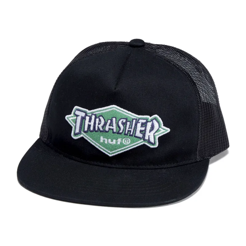 HUF x Thrasher Logo Twill Trucker Hat - Black sold by CCS
