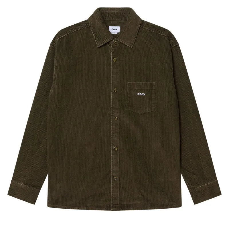 Obey Buckley Corduroy Long Sleeve Shirt - Black Olive Faded Wash sold by CCS