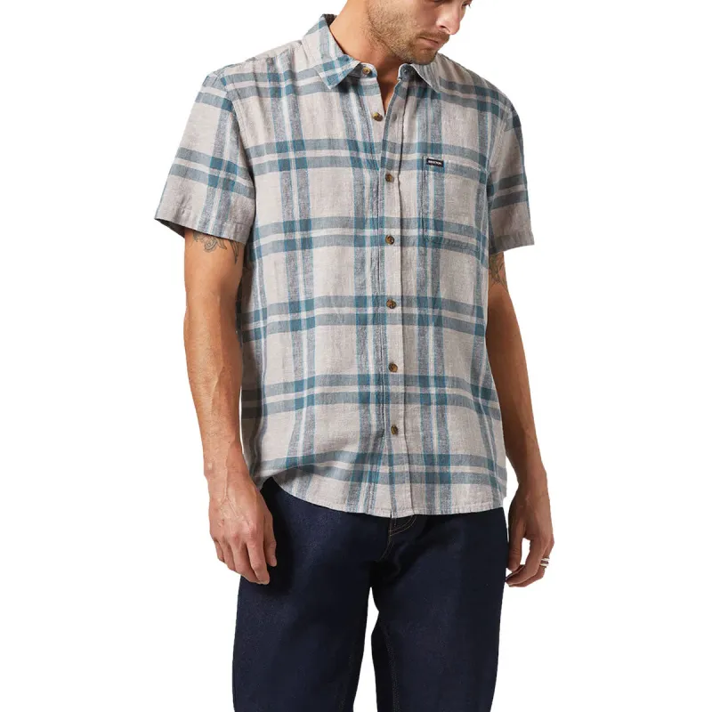 Brixton Charter Linen Blend Shirt - Beige/Azure Blue Plaid sold by CCS