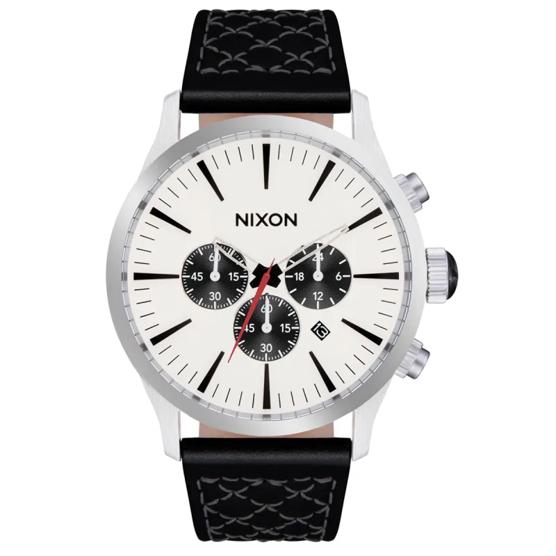 Nixon Sentry Chrono Leather Watch - Chrome/Cloud Sunray/Black sold by CCS