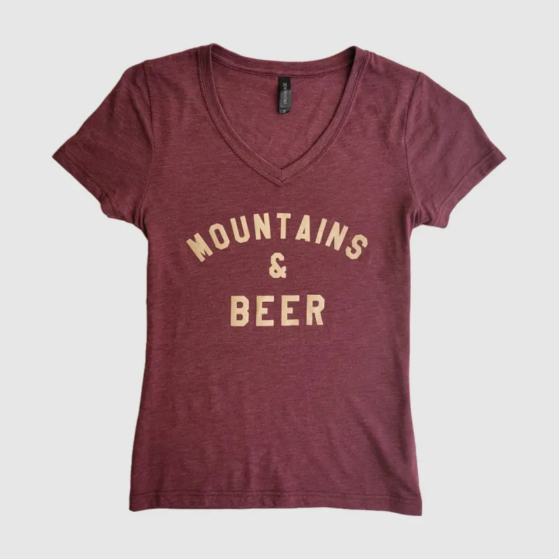 Women's Mountains & Beer V-Neck Tee - Maroon/Tan sold by Faultline395
