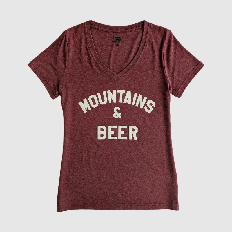 Women's Mountains & Beer V-Neck Tee - Maroon/Ivory sold by Faultline395