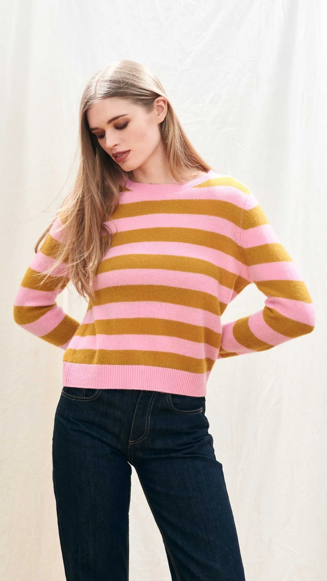 Cashmere Stripe Crew in Candy and Mustard sold by Isola Rancho Santa Fe