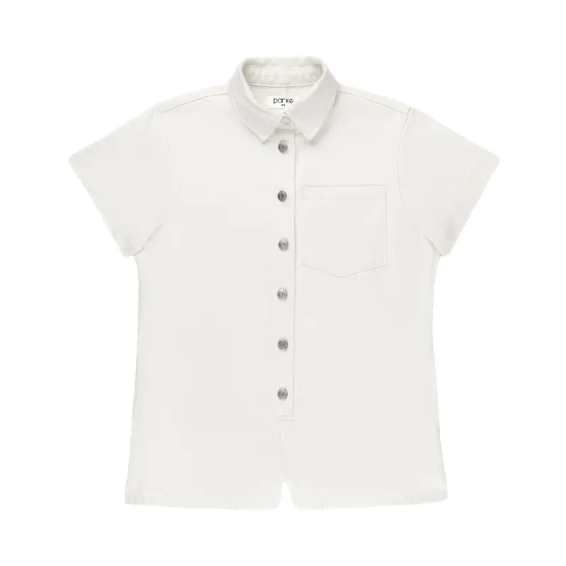 White Short Sleeve Denim Romper sold by Parke Official