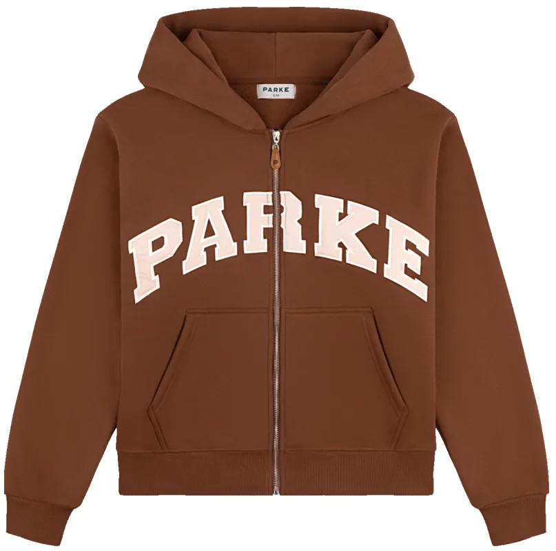 Varsity Zip Up Hoodie - Mocha + Rose sold by Parke Official