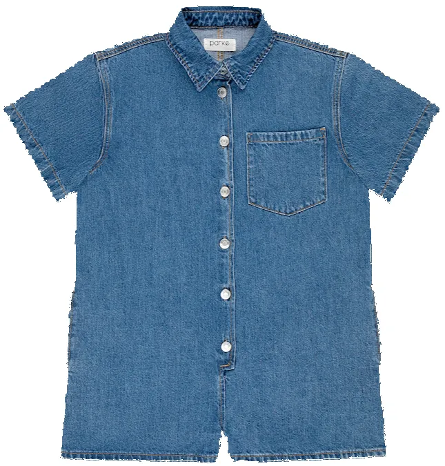 Short Sleeve Denim Romper - Medium Wash sold by Parke Official