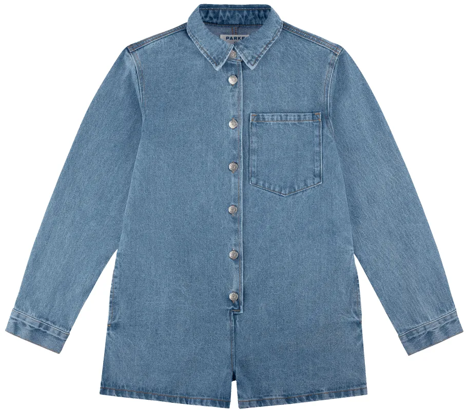 Long Sleeve Denim Romper - Vintage Wash sold by Parke Official