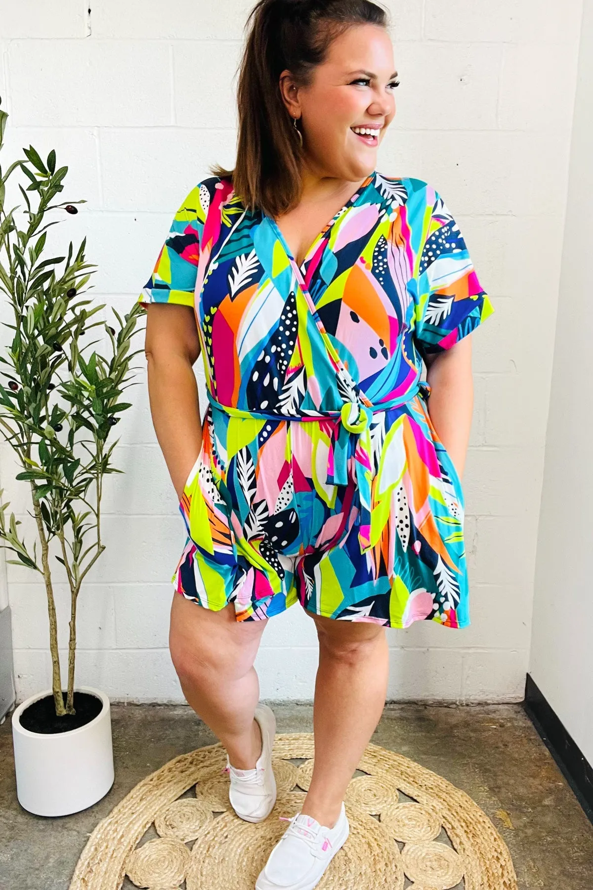 Tropical Vibes Multicolor Tropical Print Surplice Tie Waist Romper sold by Roxie’s Picks product image thumbnail 4