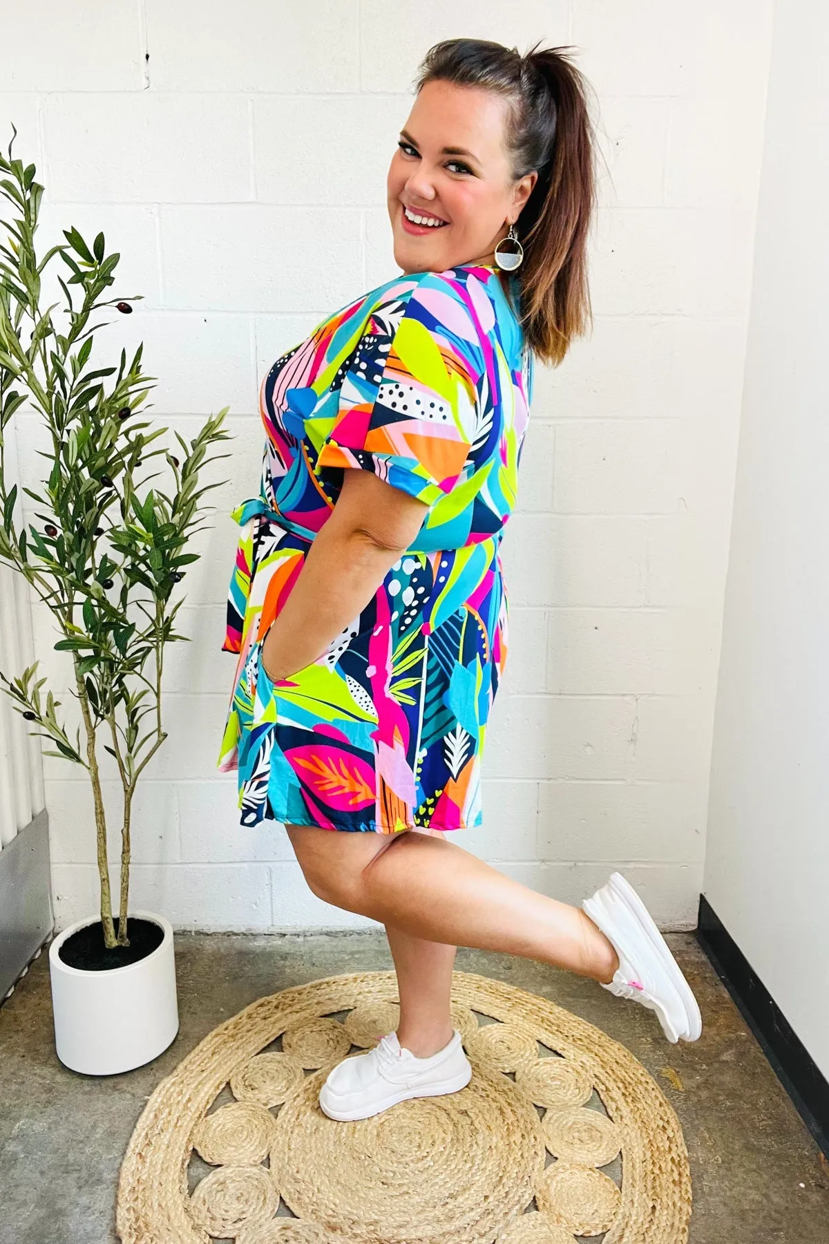 Tropical Vibes Multicolor Tropical Print Surplice Tie Waist Romper sold by Roxie’s Picks product image thumbnail 5