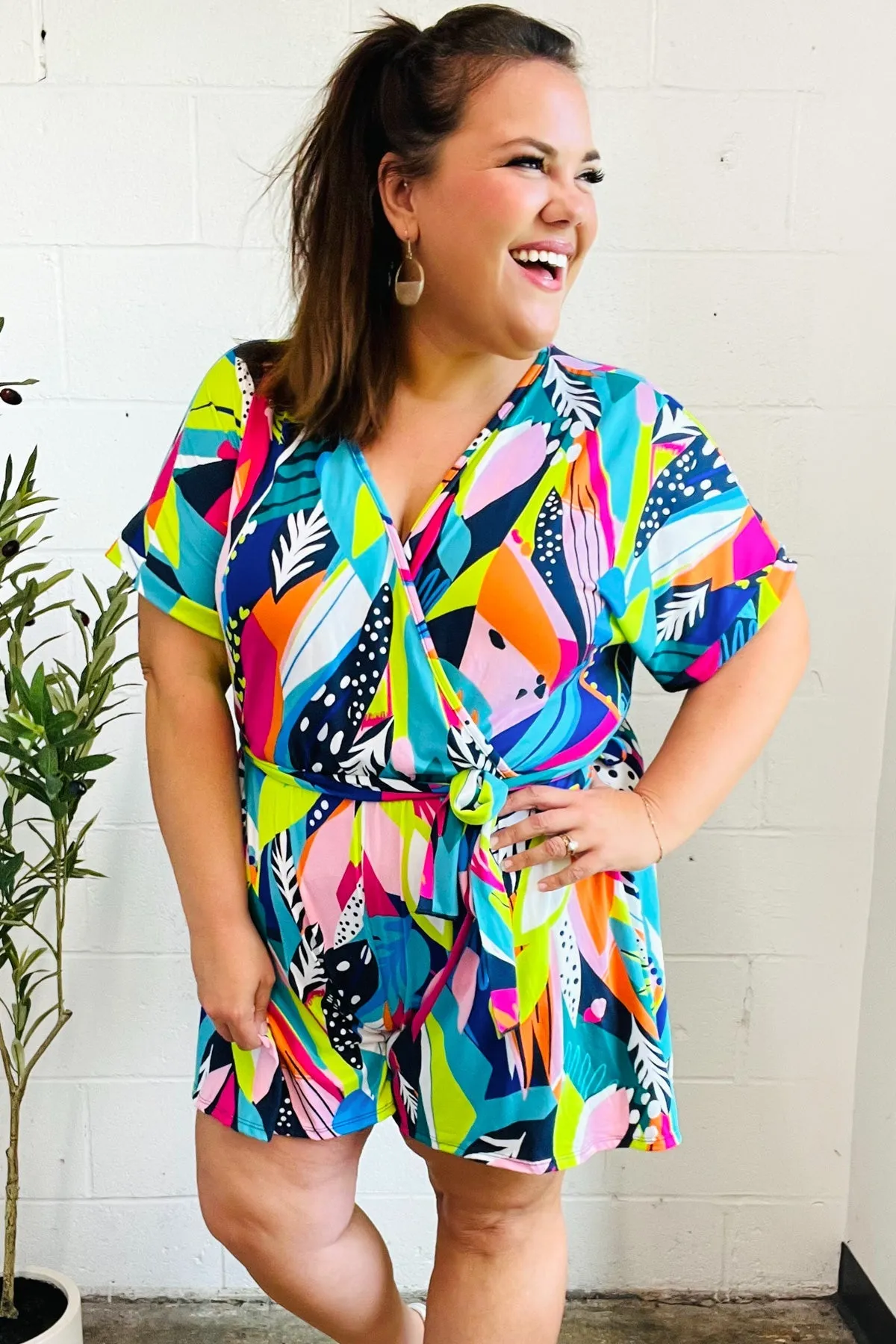 Tropical Vibes Multicolor Tropical Print Surplice Tie Waist Romper sold by Roxie’s Picks