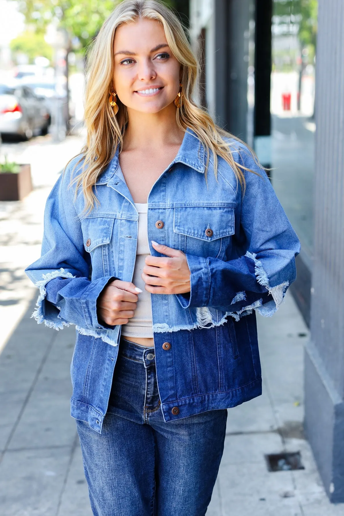 Blue Color Block Distressed Denim Jacket sold by Roxie’s Picks product image thumbnail 4