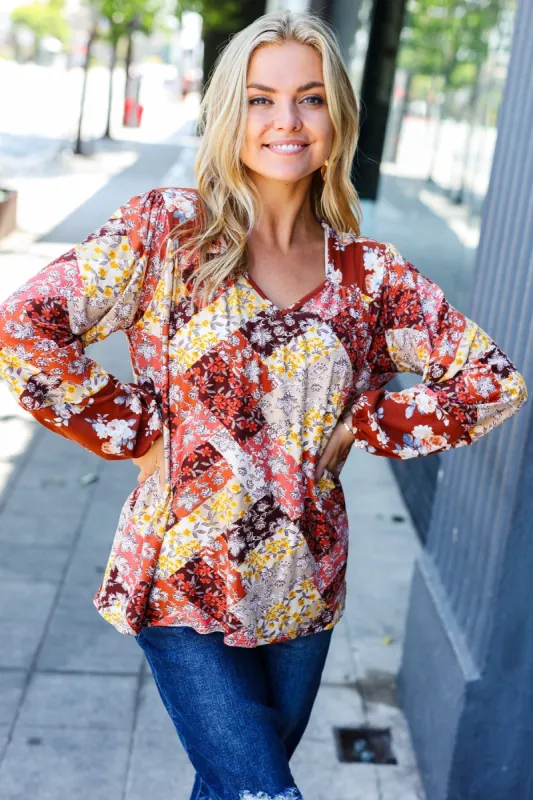 Rust Harvest Floral Patchwork V Neck Blouse sold by Roxie’s Picks