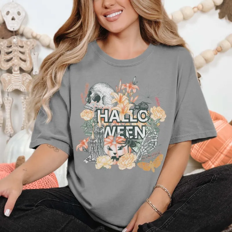 Halloween Skulls And Flowers Comfort Color Graphic Tee sold by Roxie’s Picks
