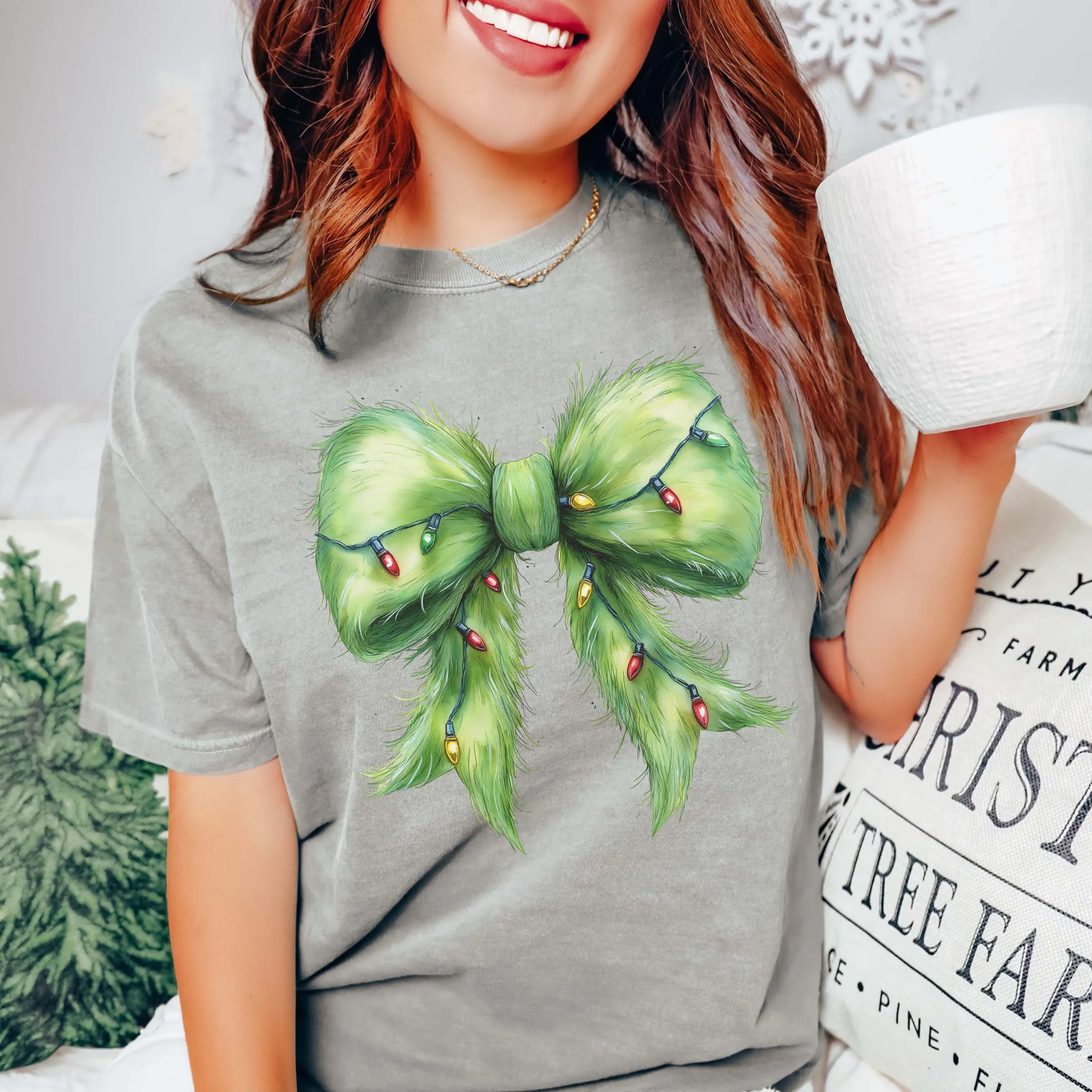 Green Fur Christmas Lights Bow Comfort Color Graphic Tee sold by Roxie’s Picks product image thumbnail 3