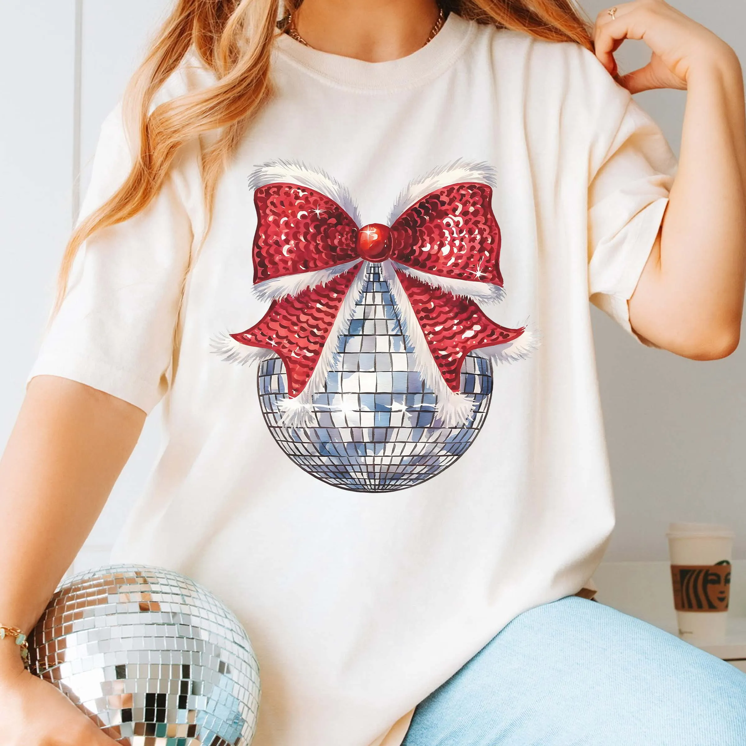 Disco Christmas Bow Comfort Color Graphic Tee sold by Roxie’s Picks product image thumbnail 3