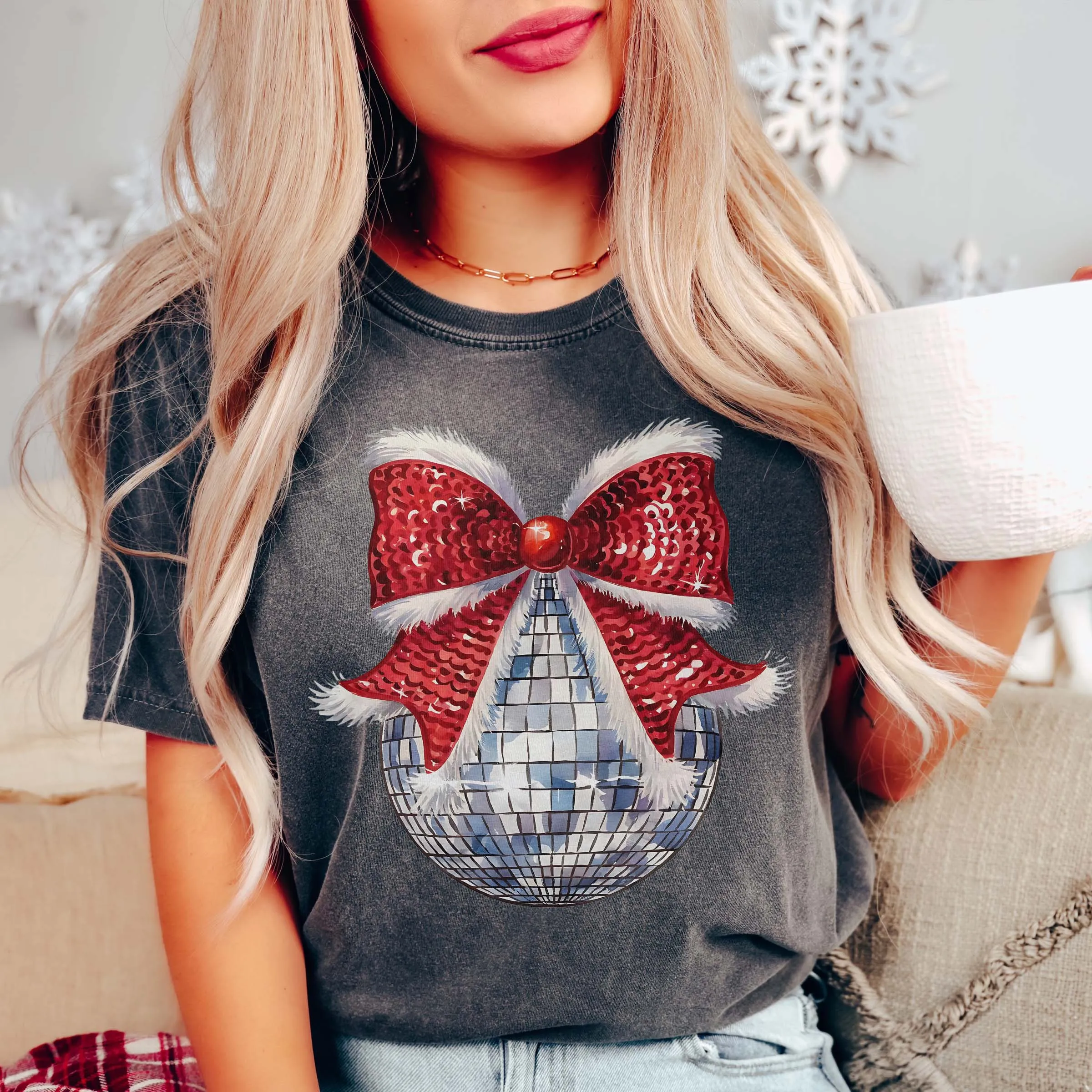 Disco Christmas Bow Comfort Color Graphic Tee sold by Roxie’s Picks product image thumbnail 5
