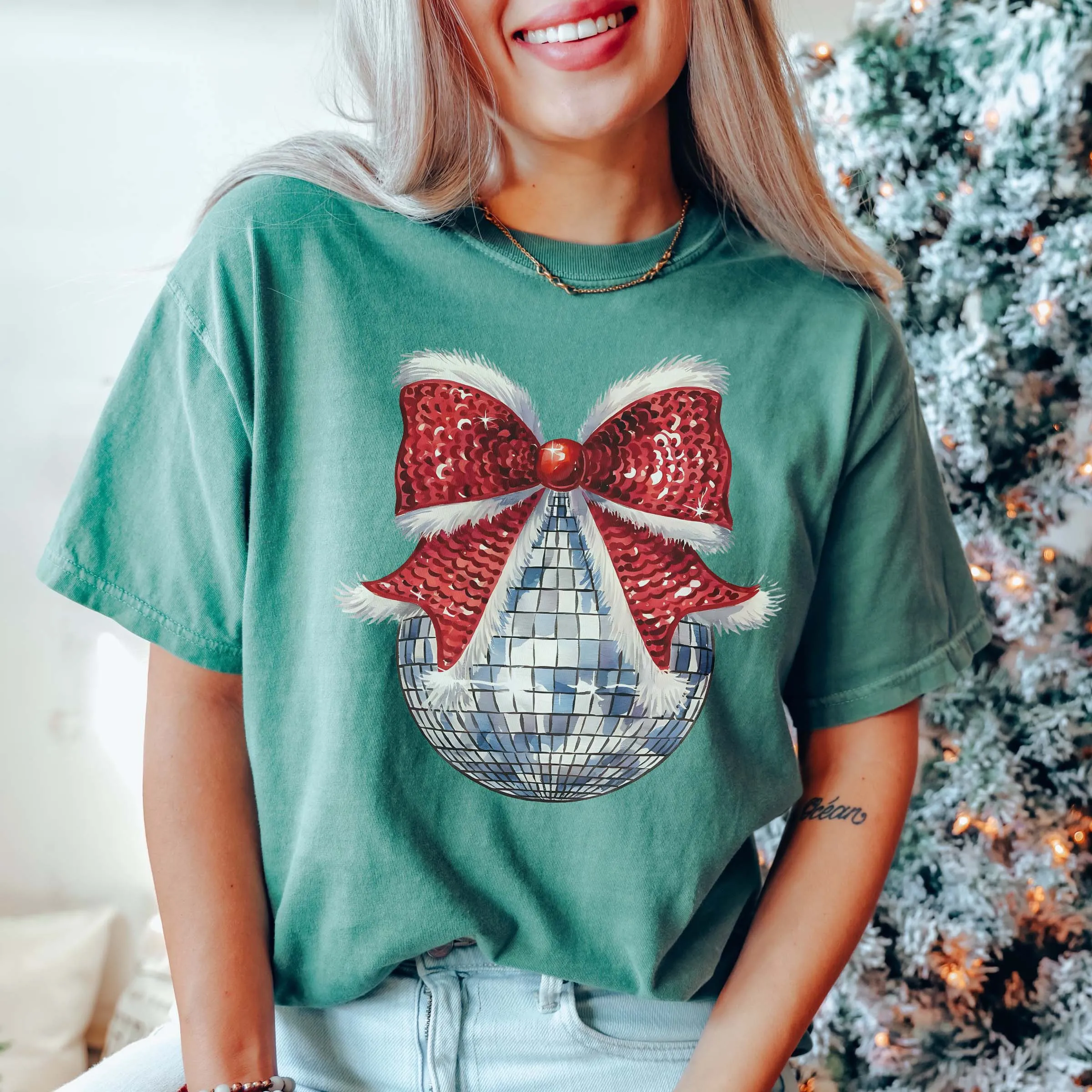 Disco Christmas Bow Comfort Color Graphic Tee sold by Roxie’s Picks product image thumbnail 4