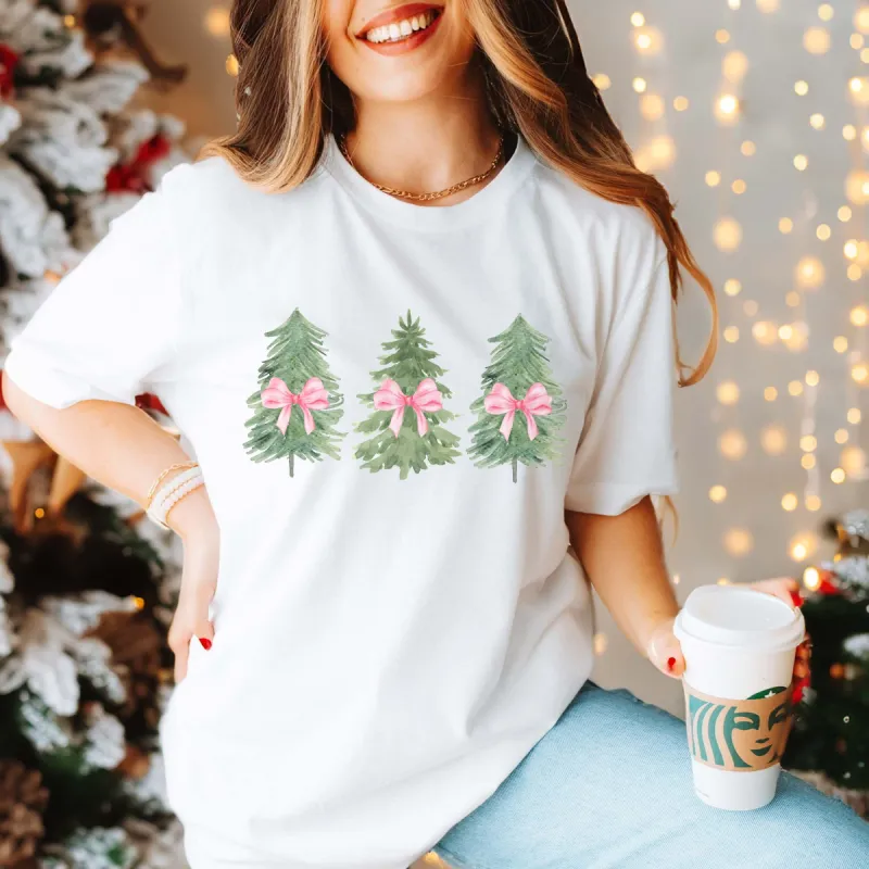 Watercolor Christmas Trees With Pink Bows Bella Graphic Tee sold by Roxie’s Picks
