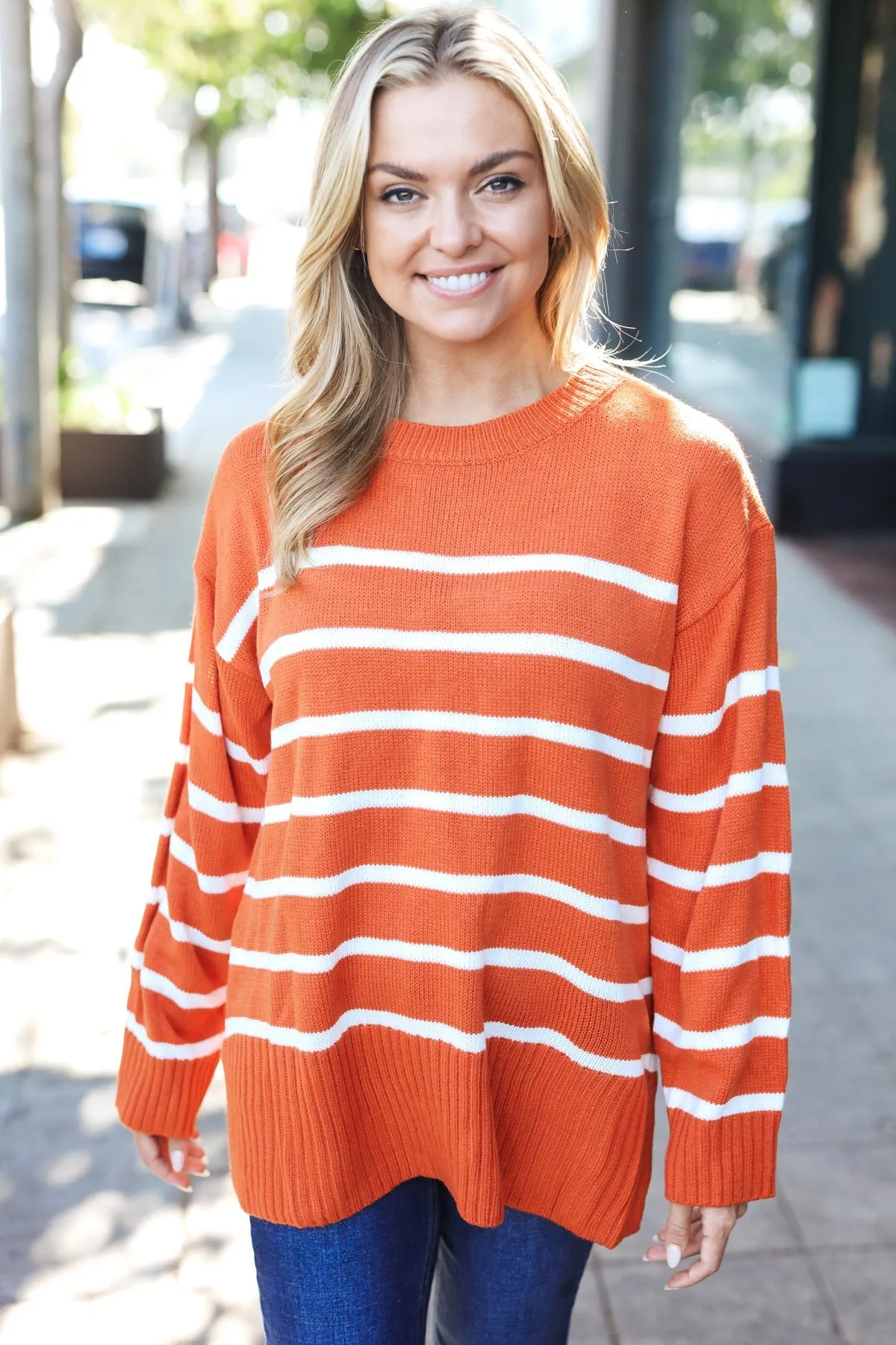 Stand Out Rust Striped Oversized Knit Sweater sold by Roxie’s Picks