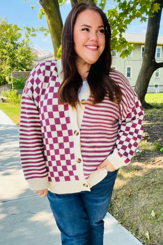 Cozy Days Magenta Checkered & Striped Button-Down Cardigan sold by Roxie’s Picks