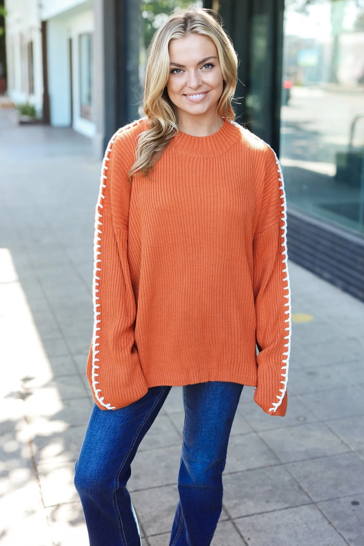 Rust Rib Knit Stitch Detail Oversized Sweater sold by Roxie’s Picks product image thumbnail 2