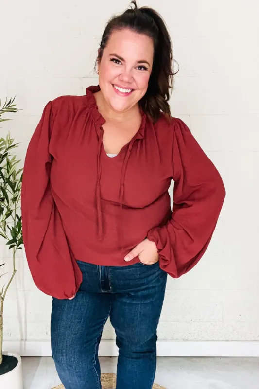 Feeling Femme Off Burgundy Frilled Edge V Neck Tie Top sold by Roxie’s Picks