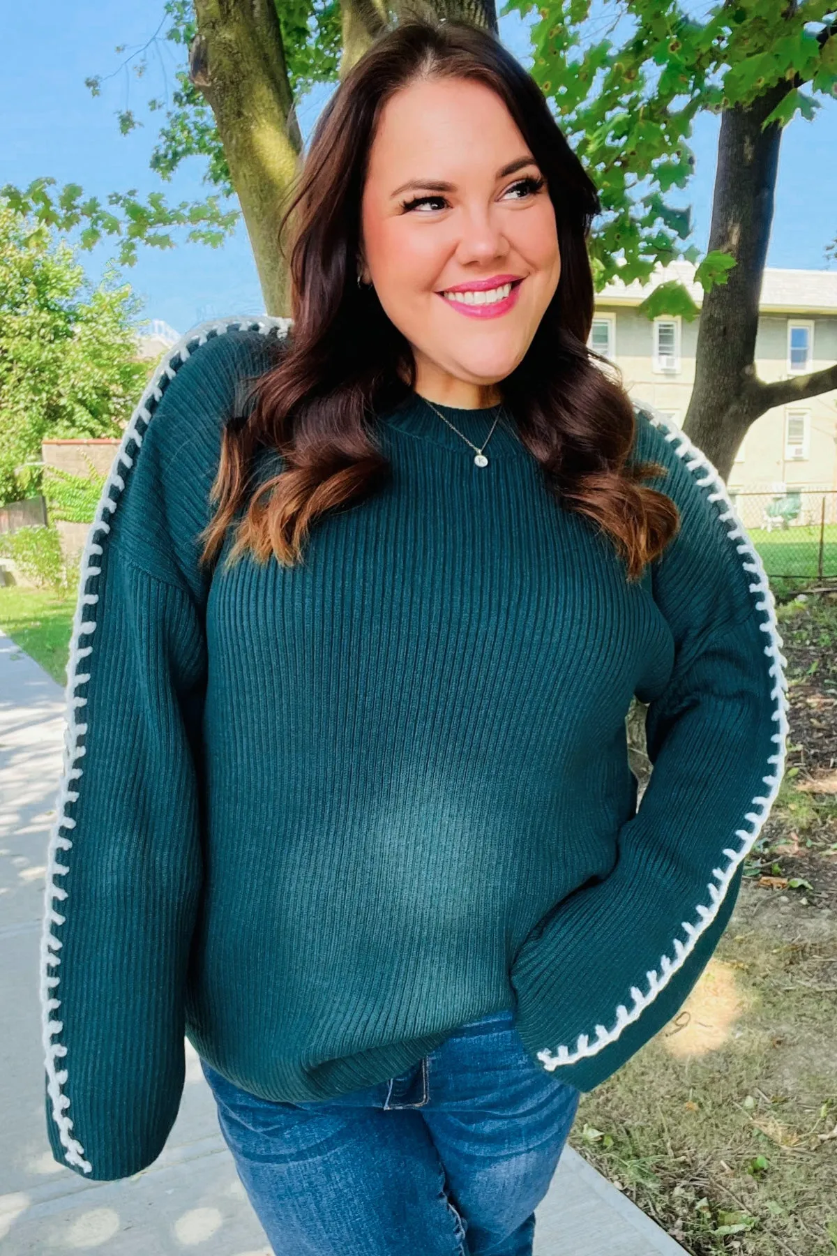 Hunter Green Rib Knit Stitch Detail Oversized Sweater sold by Roxie’s Picks product image thumbnail 4