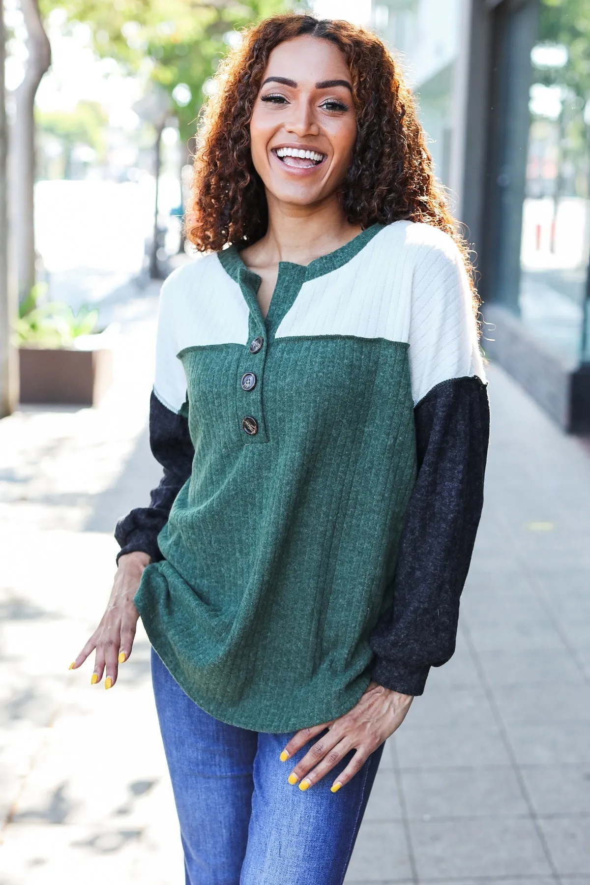 Olive & Charcoal Ribbed Henley Color Block Sweater Top sold by Roxie’s Picks product image thumbnail 4