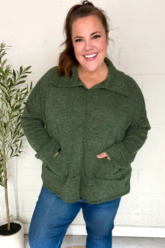 Easy Living Olive Textured Knit Notch Neck Oversized Collar Sweater sold by Roxie’s Picks