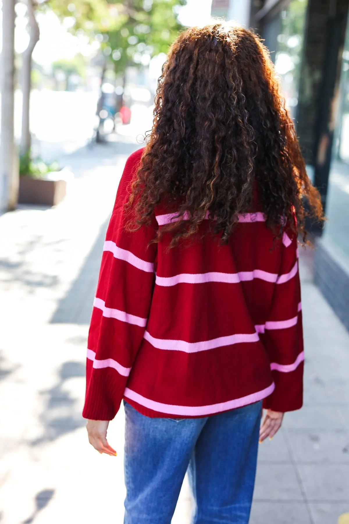 Fall For You Crimson Stripe Notched Neck Collared Oversized Sweater sold by Roxie’s Picks product image thumbnail 3