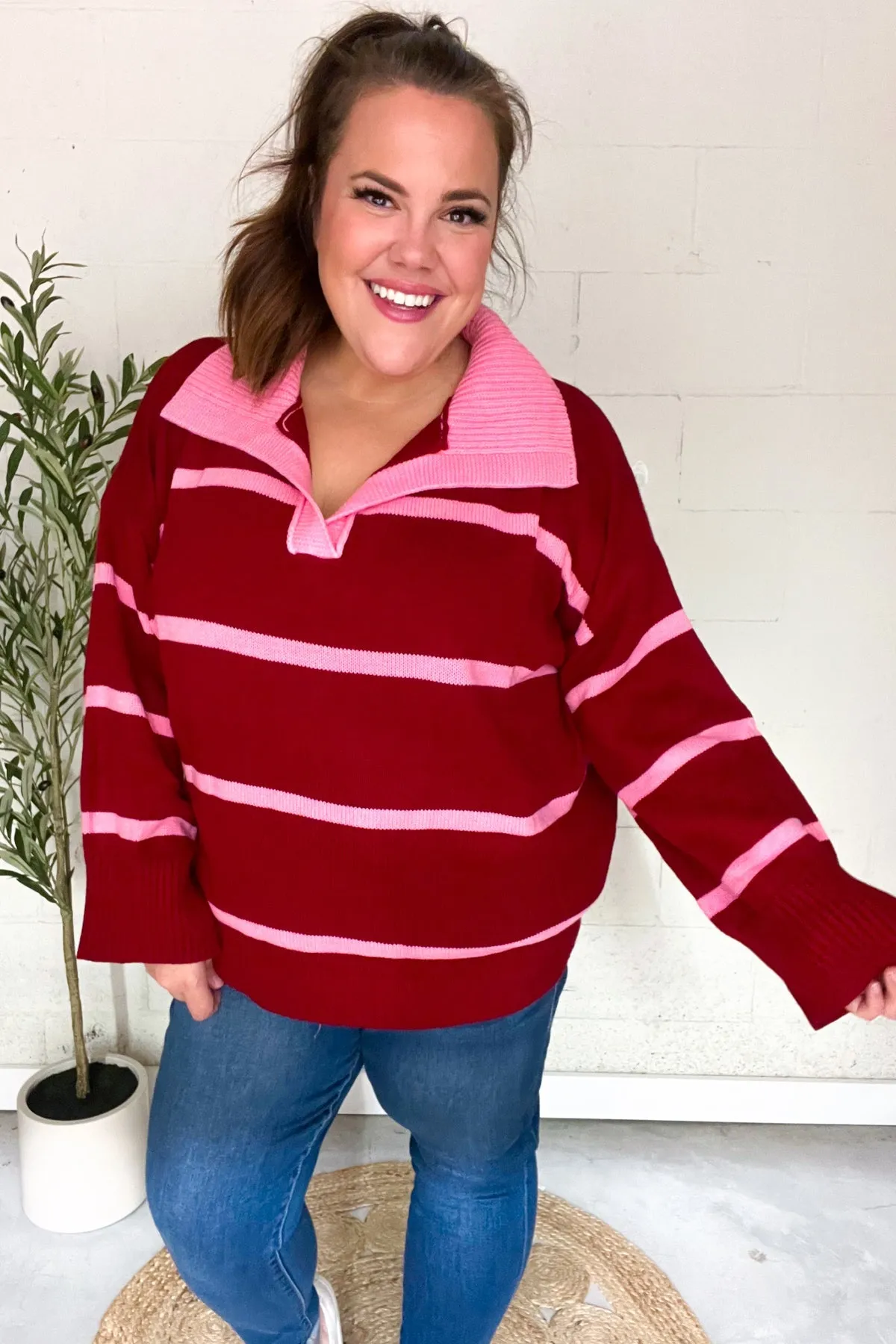 Fall For You Crimson Stripe Notched Neck Collared Oversized Sweater sold by Roxie’s Picks product image thumbnail 4