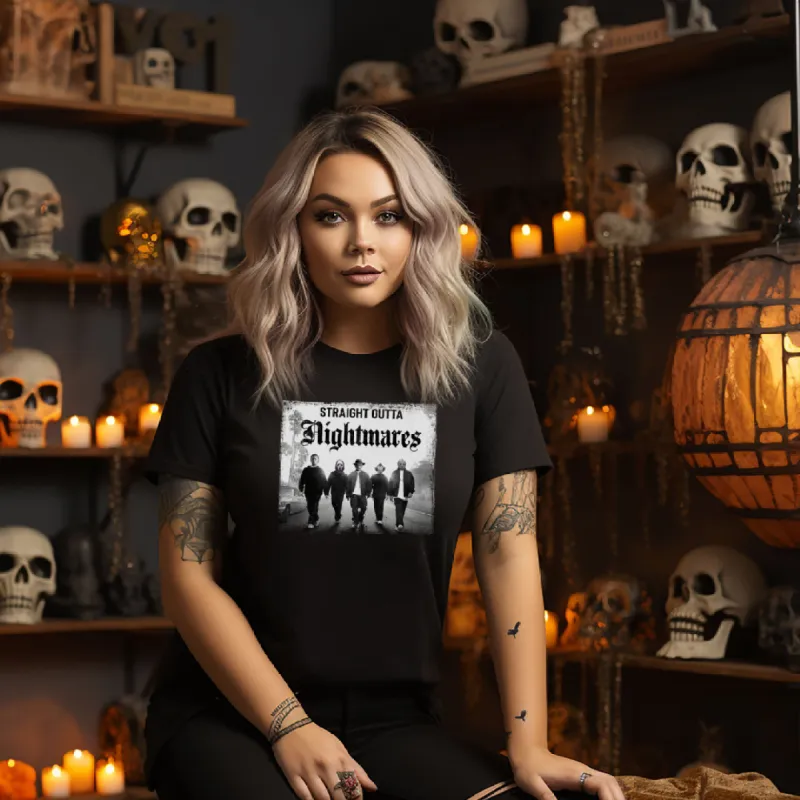 Straight Outta Nightmares Horror Character Halloween Graphic Tee sold by Roxie’s Picks