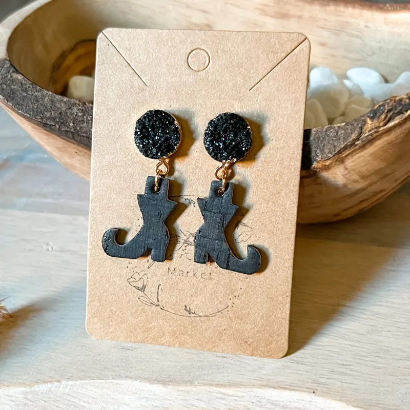 Black Druzy Witch Leather Boot Earrings sold by Roxie’s Picks