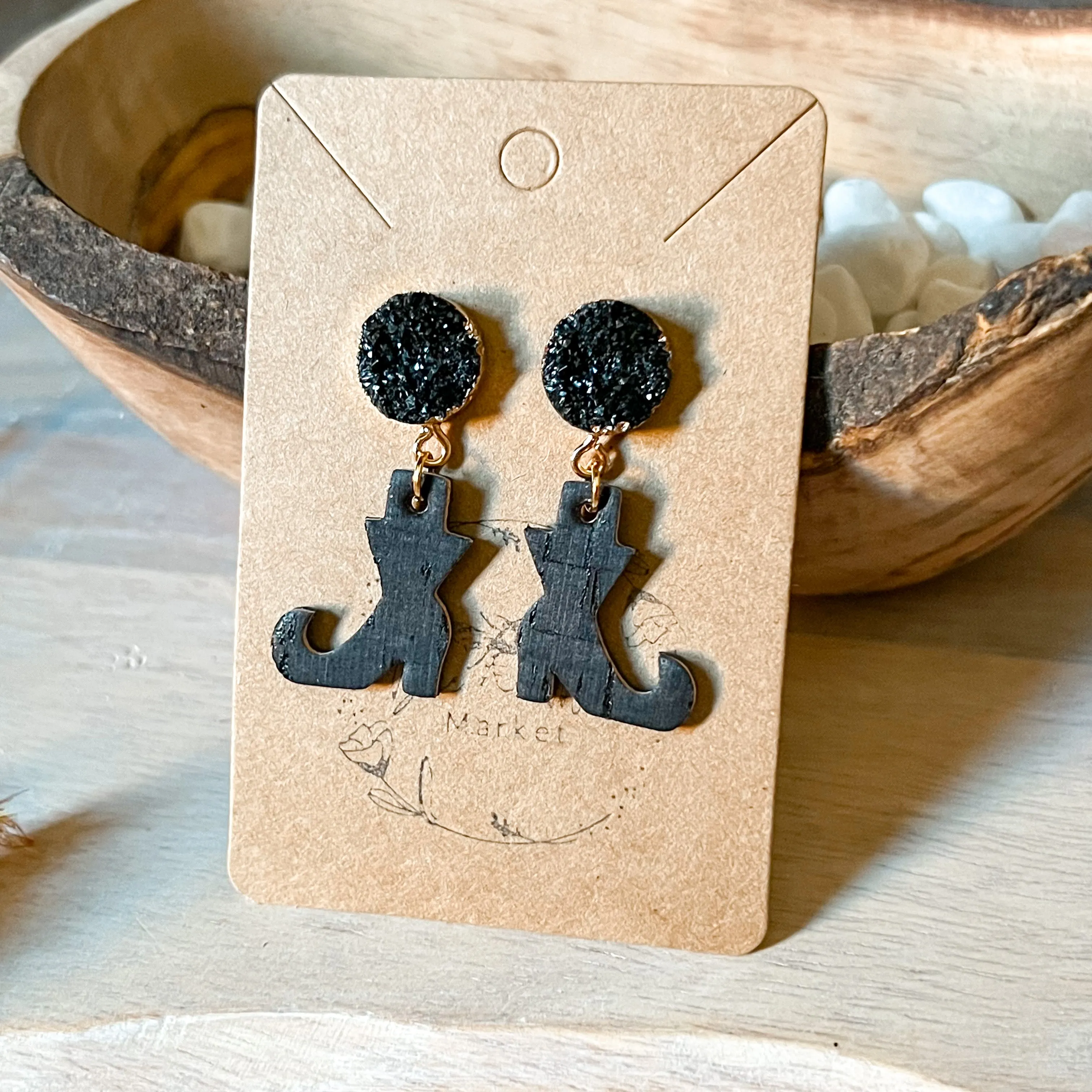 Black Druzy Witch Leather Boot Earrings sold by Roxie’s Picks