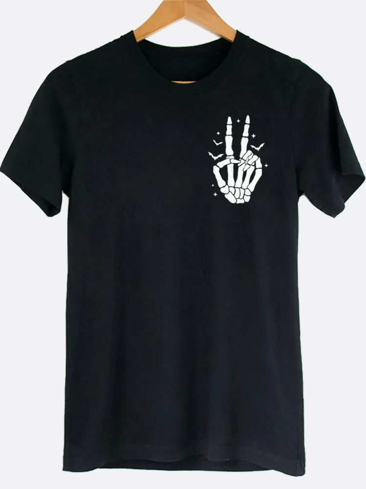 Skeleton Peace Sign Pocket Halloween Graphic Tee sold by Roxie’s Picks product image thumbnail 2