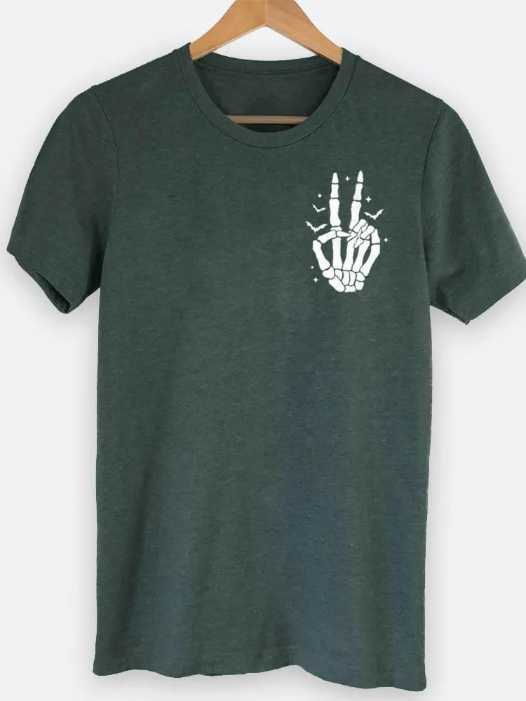 Skeleton Peace Sign Pocket Halloween Graphic Tee sold by Roxie’s Picks product image thumbnail 3
