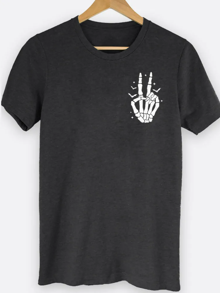 Skeleton Peace Sign Pocket Halloween Graphic Tee sold by Roxie’s Picks product image thumbnail 4