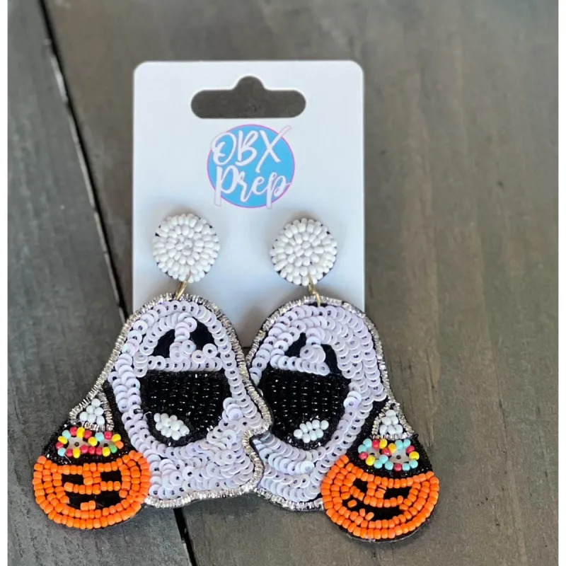 Ghost with Pumpkin Sequin Beaded Dangle Earrings sold by Roxie’s Picks