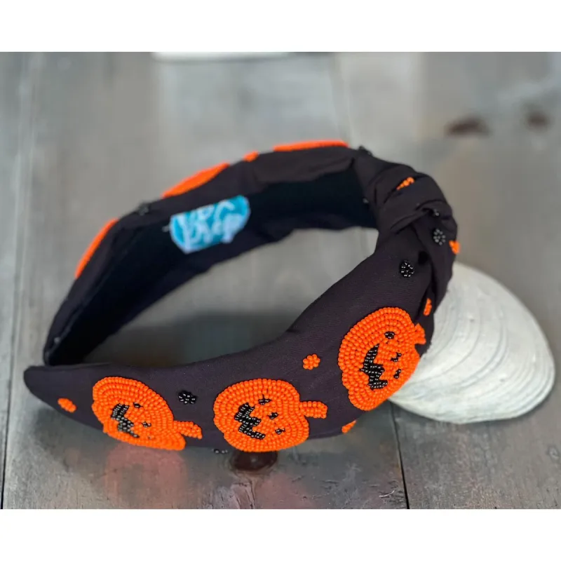 Jack Jack O' Lantern Pumpkin Top Knot Beaded Handmade Headband sold by Roxie’s Picks