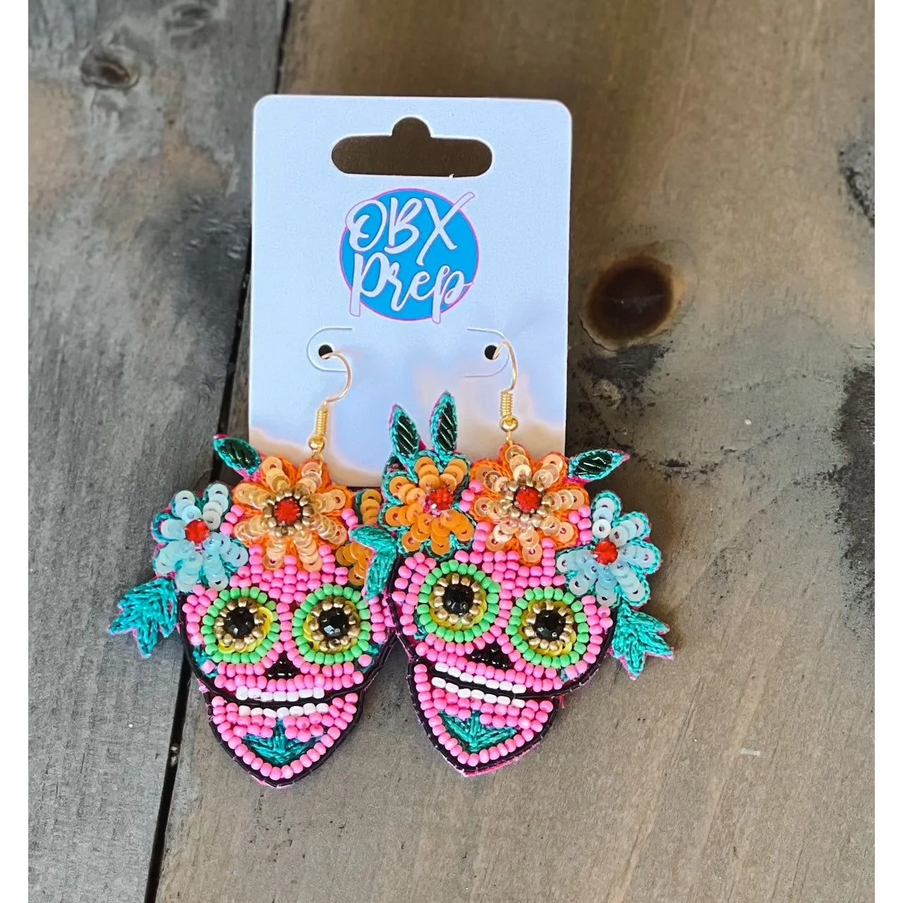 Pink Sugar Skull Halloween Seed Bead Dangle Earrings sold by Roxie’s Picks product image thumbnail 2