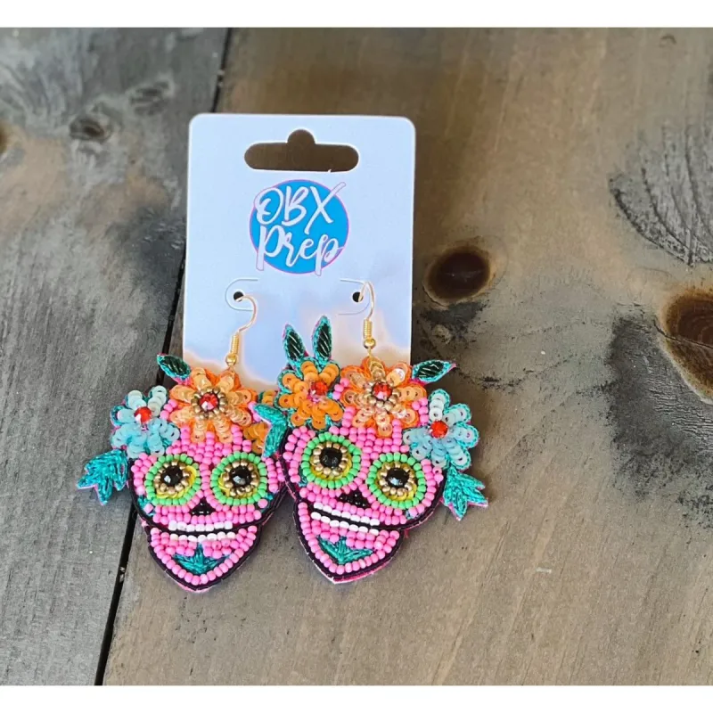 Pink Sugar Skull Halloween Seed Bead Dangle Earrings sold by Roxie’s Picks
