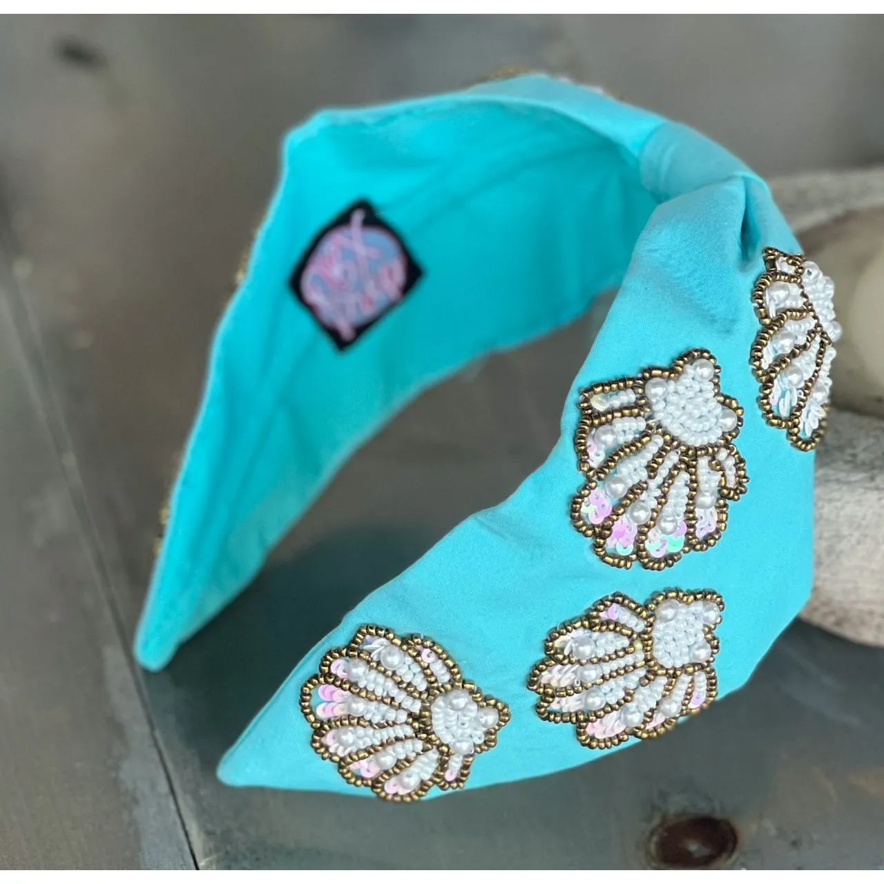 Seashell Seed Beaded Turquoise Top Knot Headband sold by Roxie’s Picks product image thumbnail 2