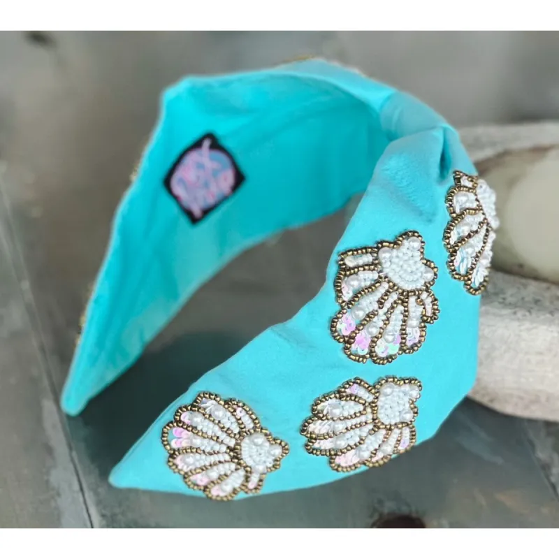 Seashell Seed Beaded Turquoise Top Knot Headband sold by Roxie’s Picks