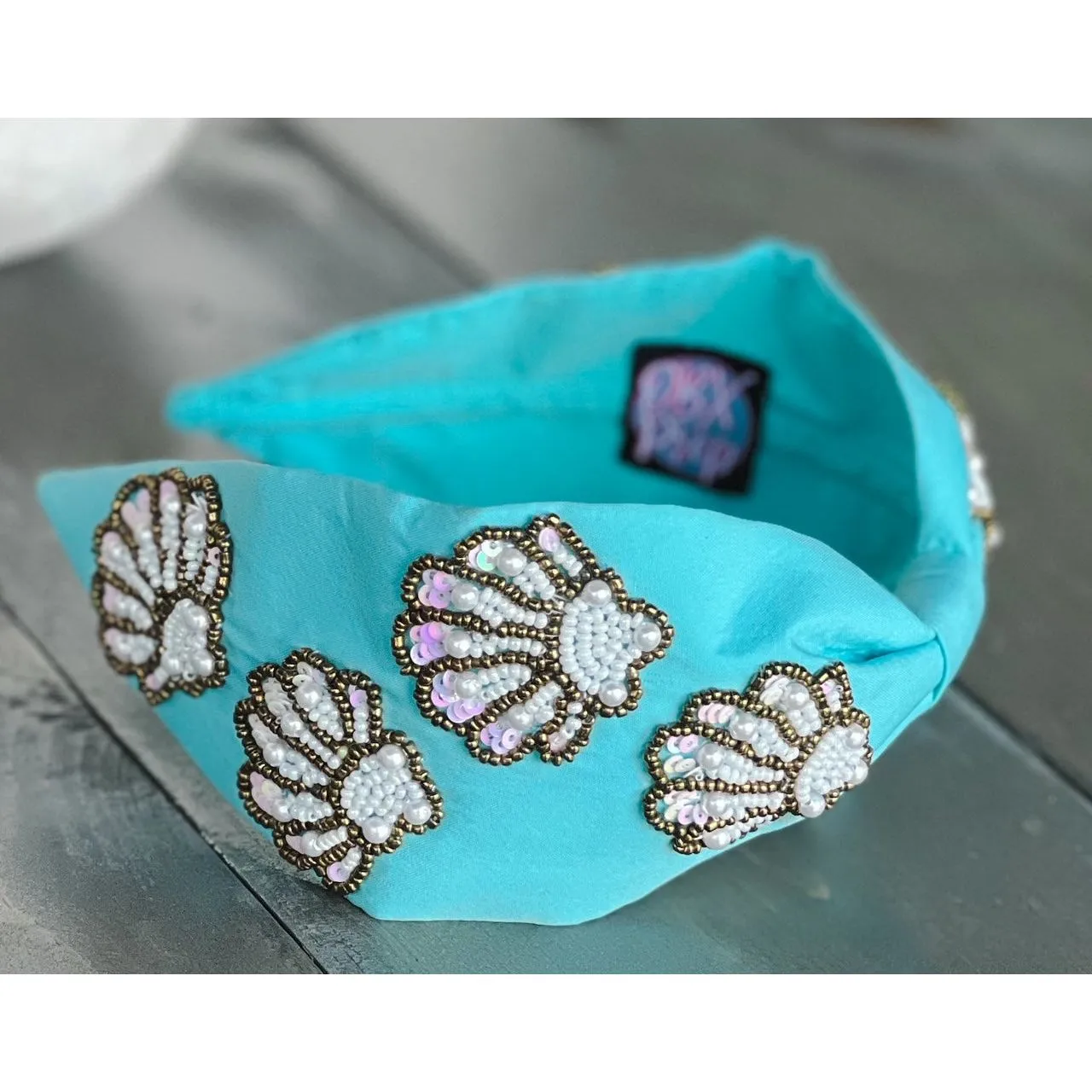 Seashell Seed Beaded Turquoise Top Knot Headband sold by Roxie’s Picks product image thumbnail 5